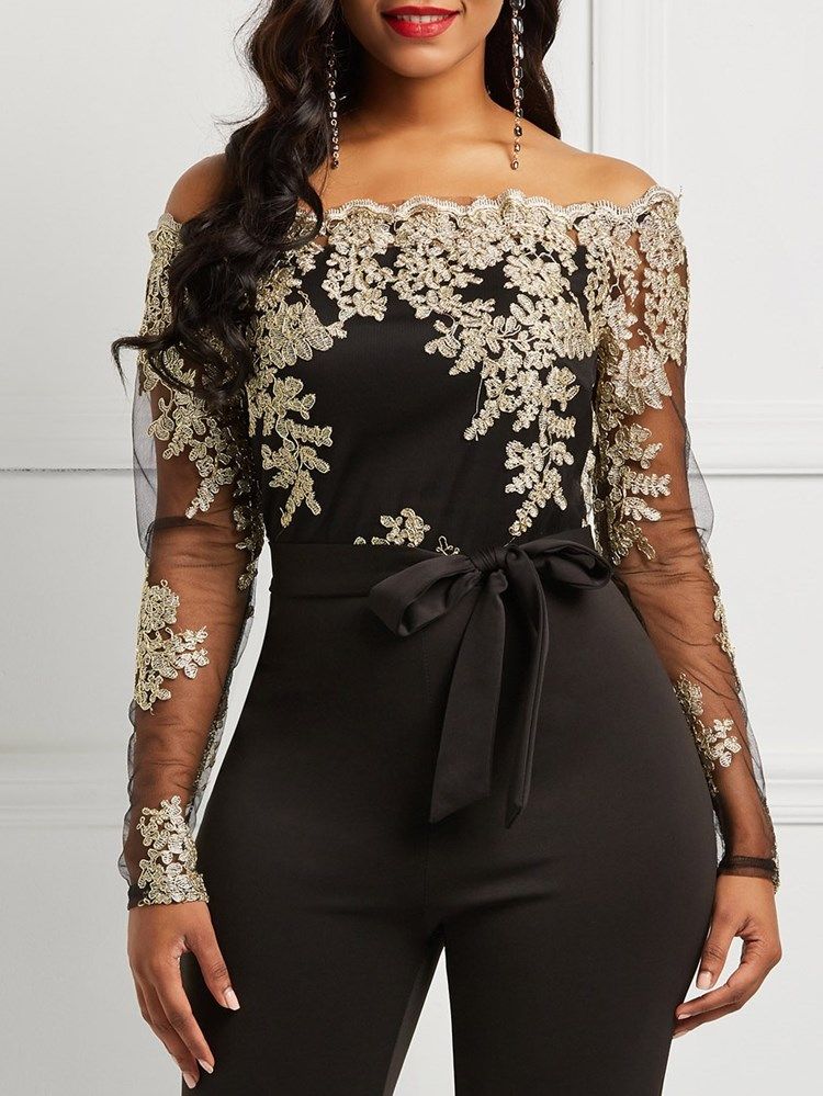 Bälte Off Shoulder Lace Patchwork Jumpsuit För Kvinnor