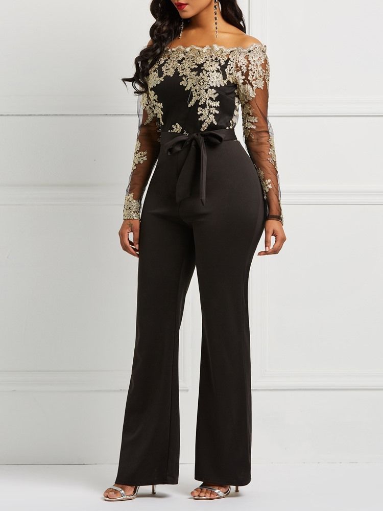 Bälte Off Shoulder Lace Patchwork Jumpsuit För Kvinnor