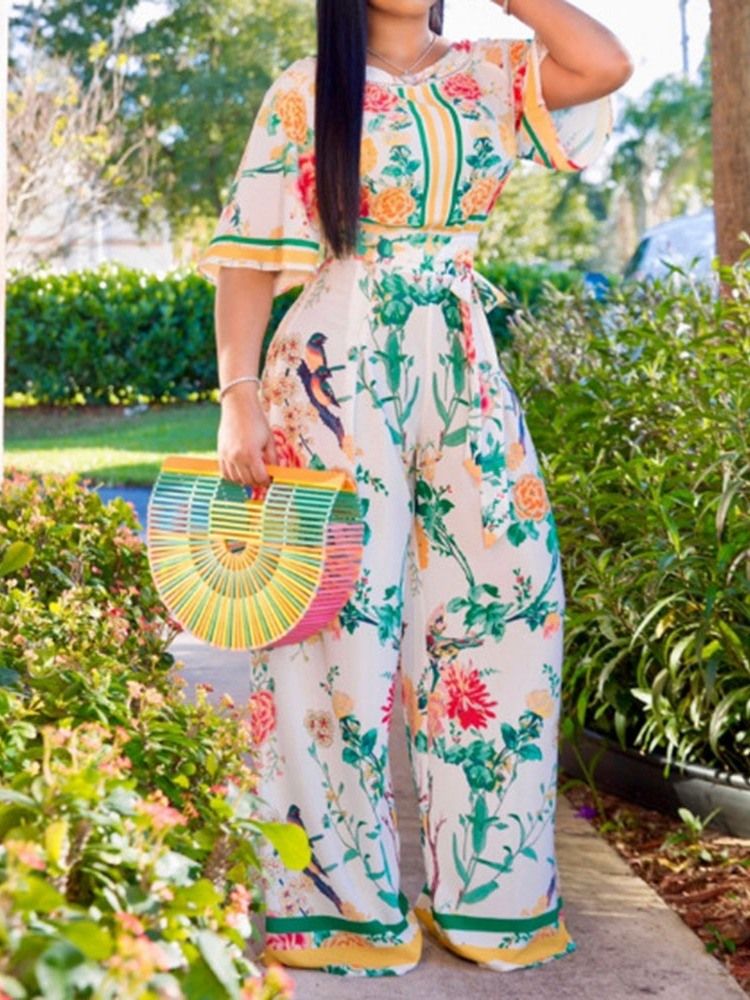 Blommig Hellängd Snörning Vida Ben Lös Jumpsuit