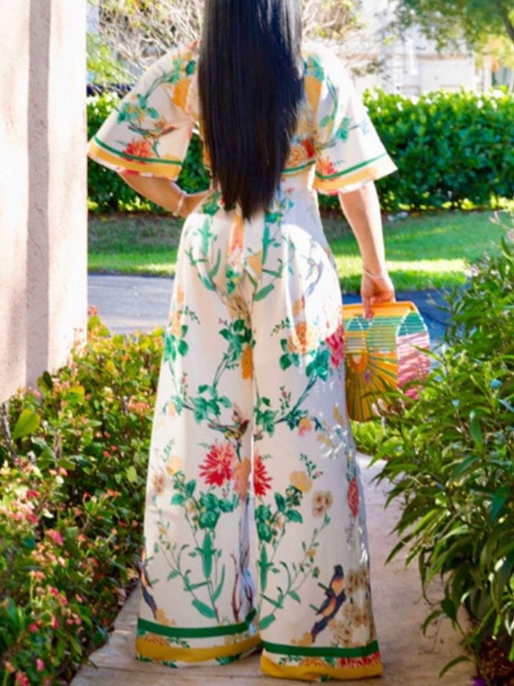 Blommig Hellängd Snörning Vida Ben Lös Jumpsuit
