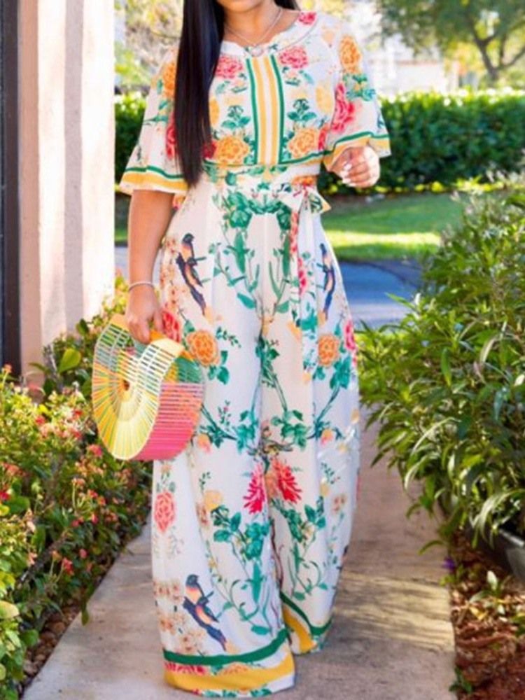 Blommig Hellängd Snörning Vida Ben Lös Jumpsuit
