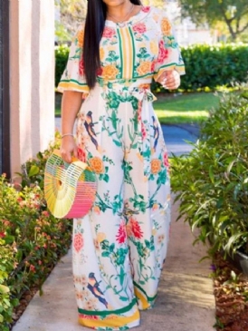 Blommig Hellängd Snörning Vida Ben Lös Jumpsuit