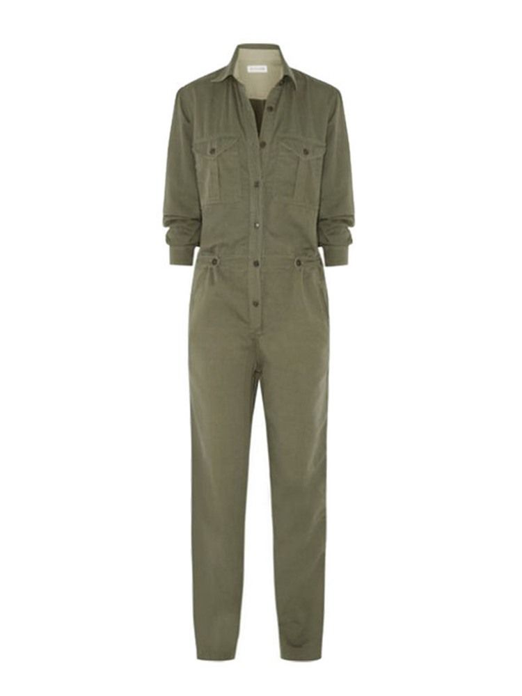 Casual Button Pocket Slim Lapel Jumpsuits Byxor