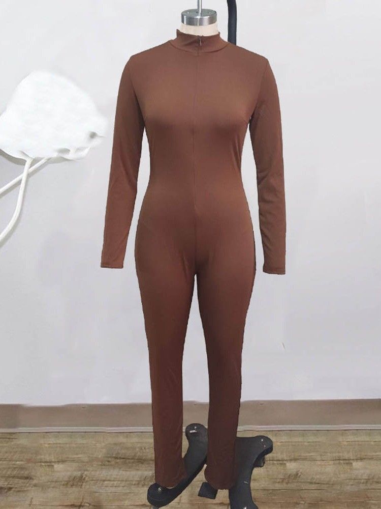 Casual Full Längd Vanlig Mid Waist Skinny Jumpsuit För Kvinnor