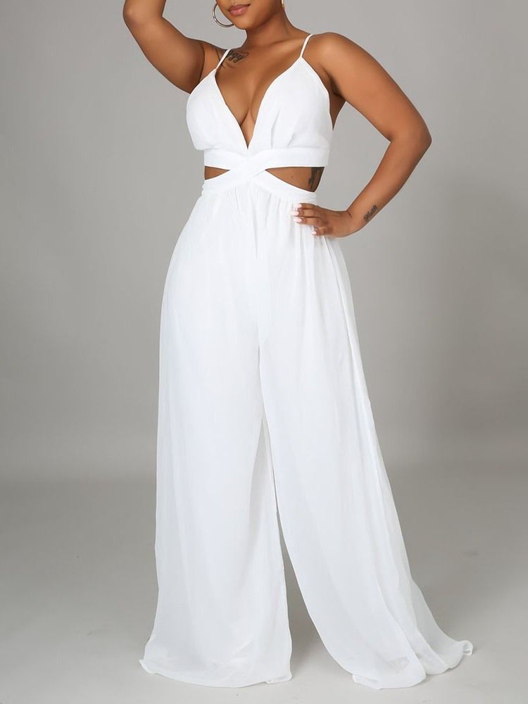 Casual Vanlig Ihålig Lös Jumpsuit För Kvinnor Med Vida Ben