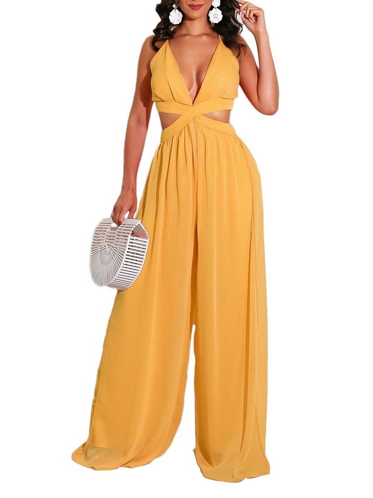 Casual Vanlig Ihålig Lös Jumpsuit För Kvinnor Med Vida Ben