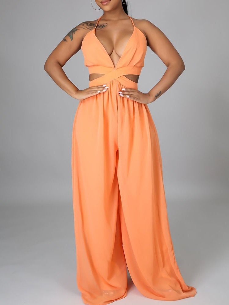 Casual Vanlig Ihålig Lös Jumpsuit För Kvinnor Med Vida Ben