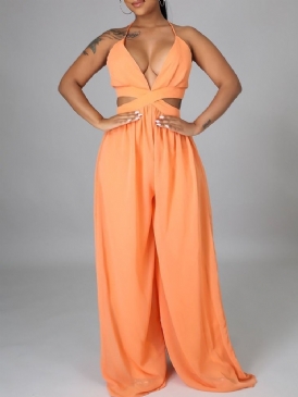 Casual Vanlig Ihålig Lös Jumpsuit För Kvinnor Med Vida Ben