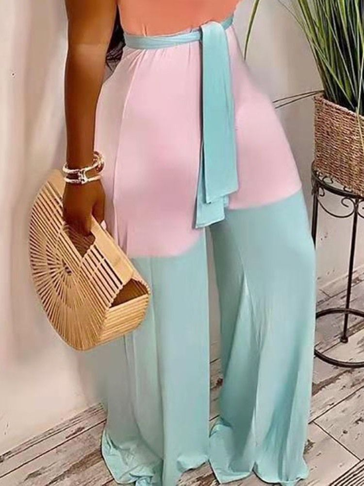 Color Block Casual Full Längd Kvinnors Breda Ben Slim Jumpsuit