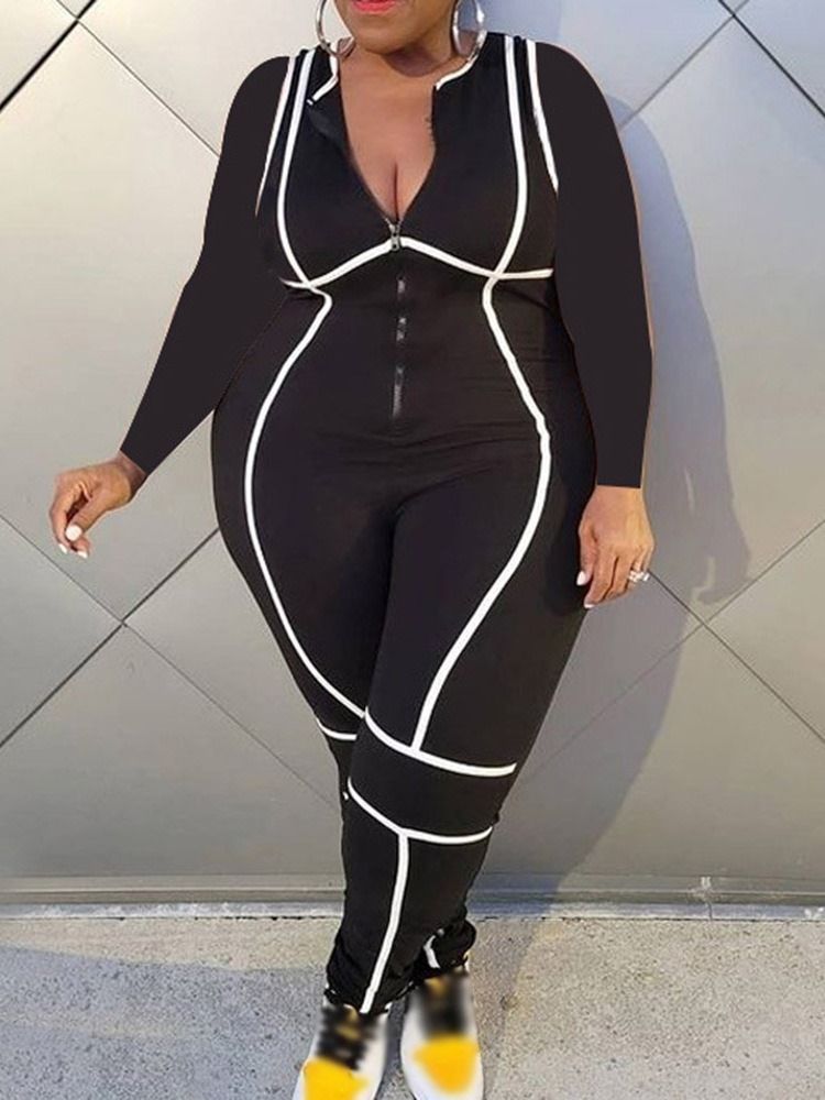 Color Block Full Längd Mode Skinny Pencil Byxor Jumpsuit