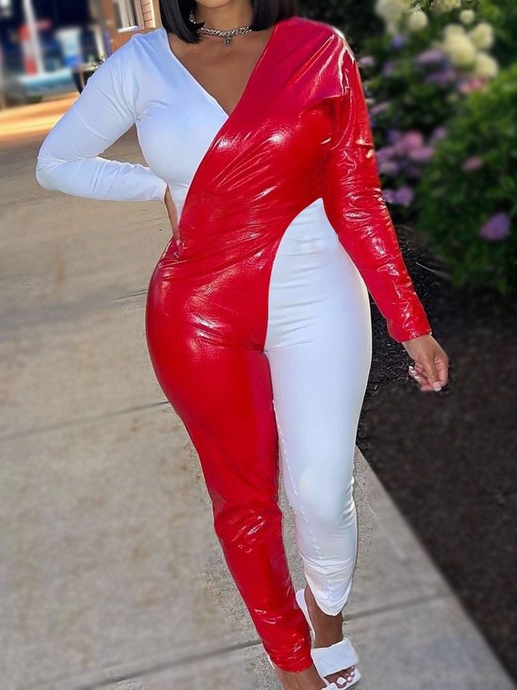 Color Block Full Längd Pencil Byxor Mid Waist Jumpsuit