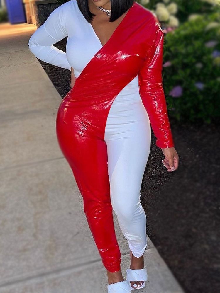 Color Block Full Längd Pencil Byxor Mid Waist Jumpsuit