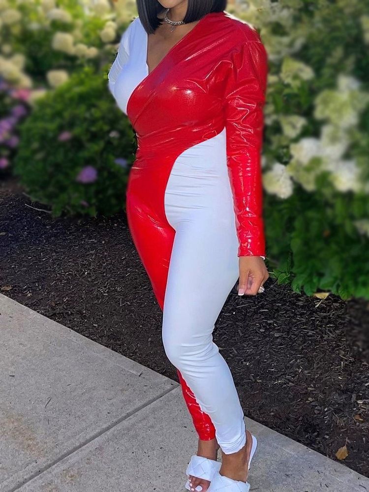 Color Block Full Längd Pencil Byxor Mid Waist Jumpsuit