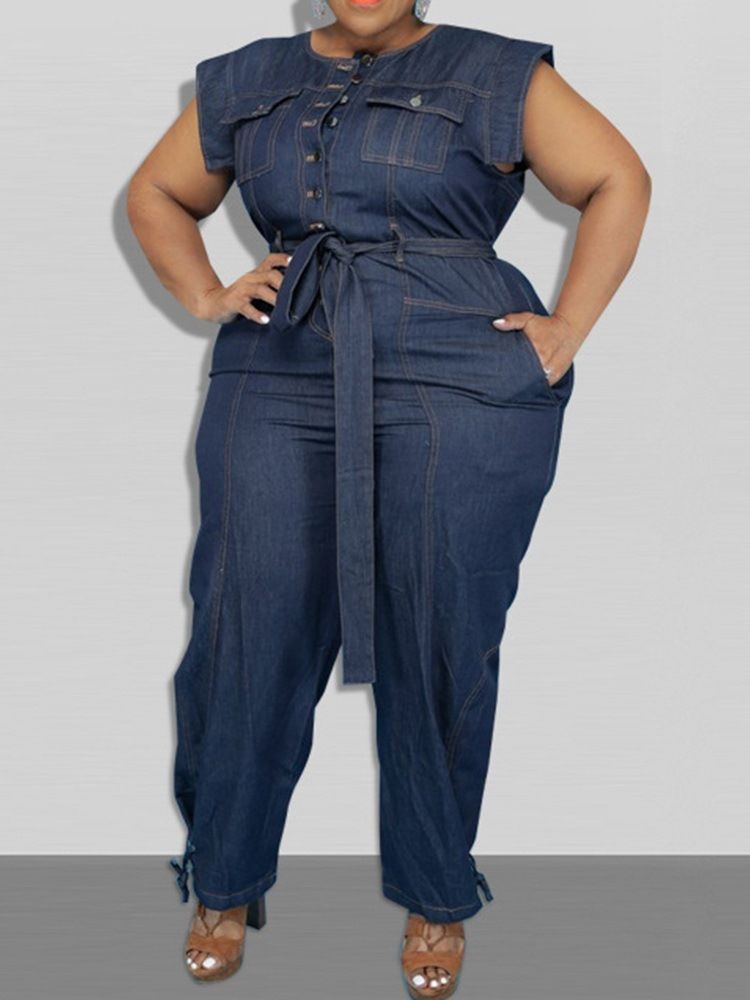 Denim Bälte Full Längd Western Plain Pencil Byxor Slim Jumpsuit