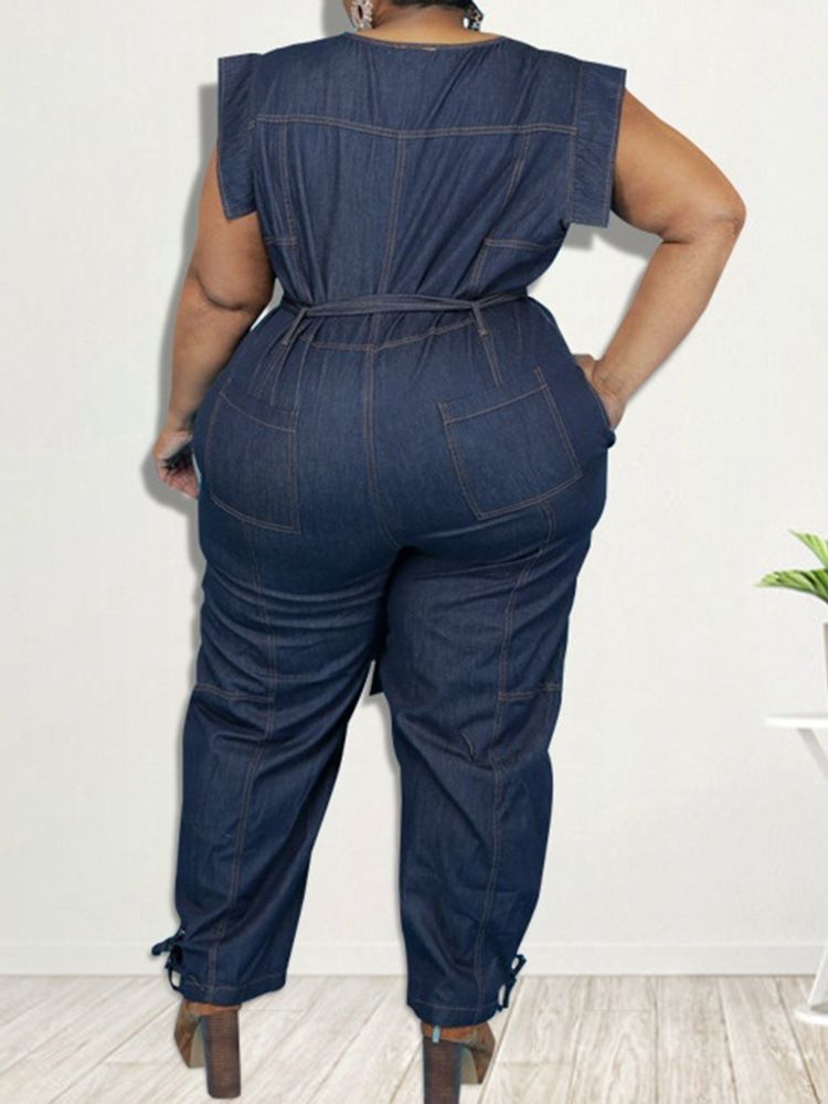 Denim Bälte Full Längd Western Plain Pencil Byxor Slim Jumpsuit