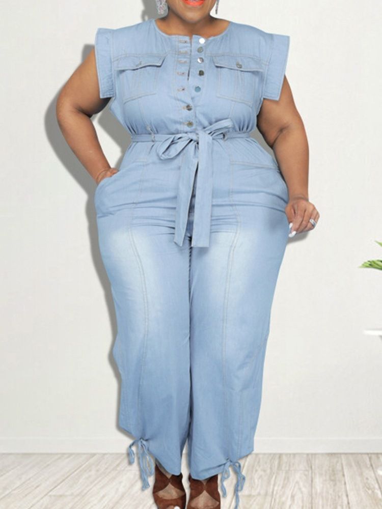 Denim Bälte Full Längd Western Plain Pencil Byxor Slim Jumpsuit