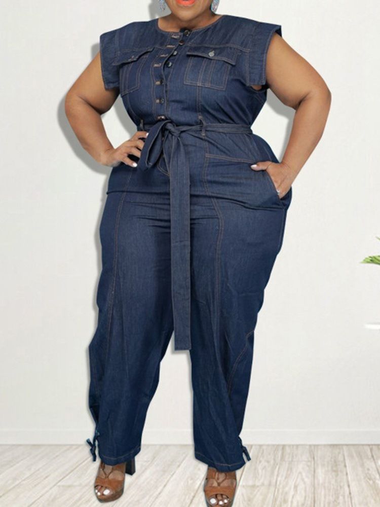 Denim Bälte Full Längd Western Plain Pencil Byxor Slim Jumpsuit