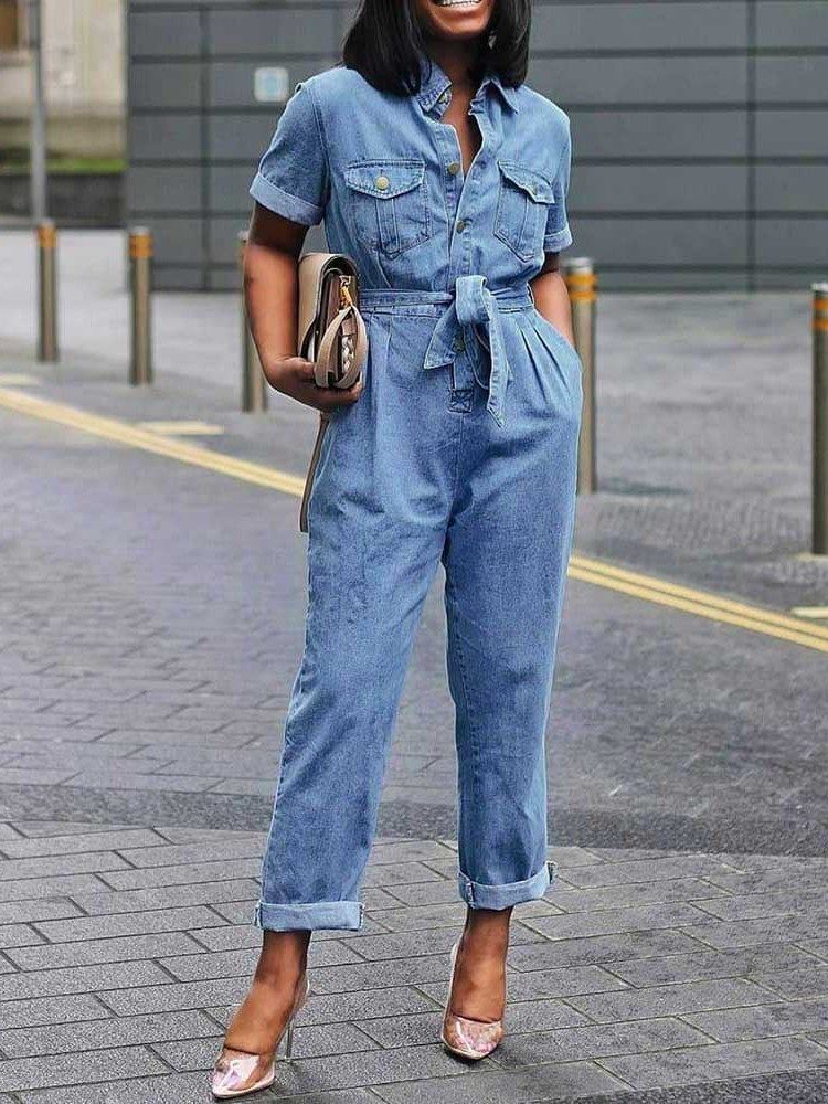 Denim Vanlig Full Längd Lace-Up Hög Midja Rak Pocket Jumpsuit