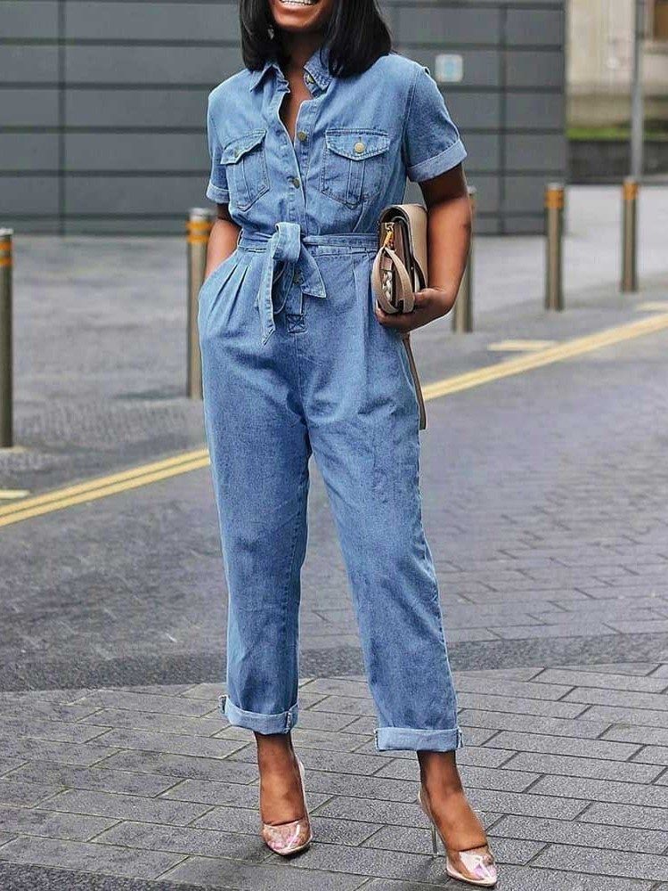 Denim Vanlig Full Längd Lace-Up Hög Midja Rak Pocket Jumpsuit