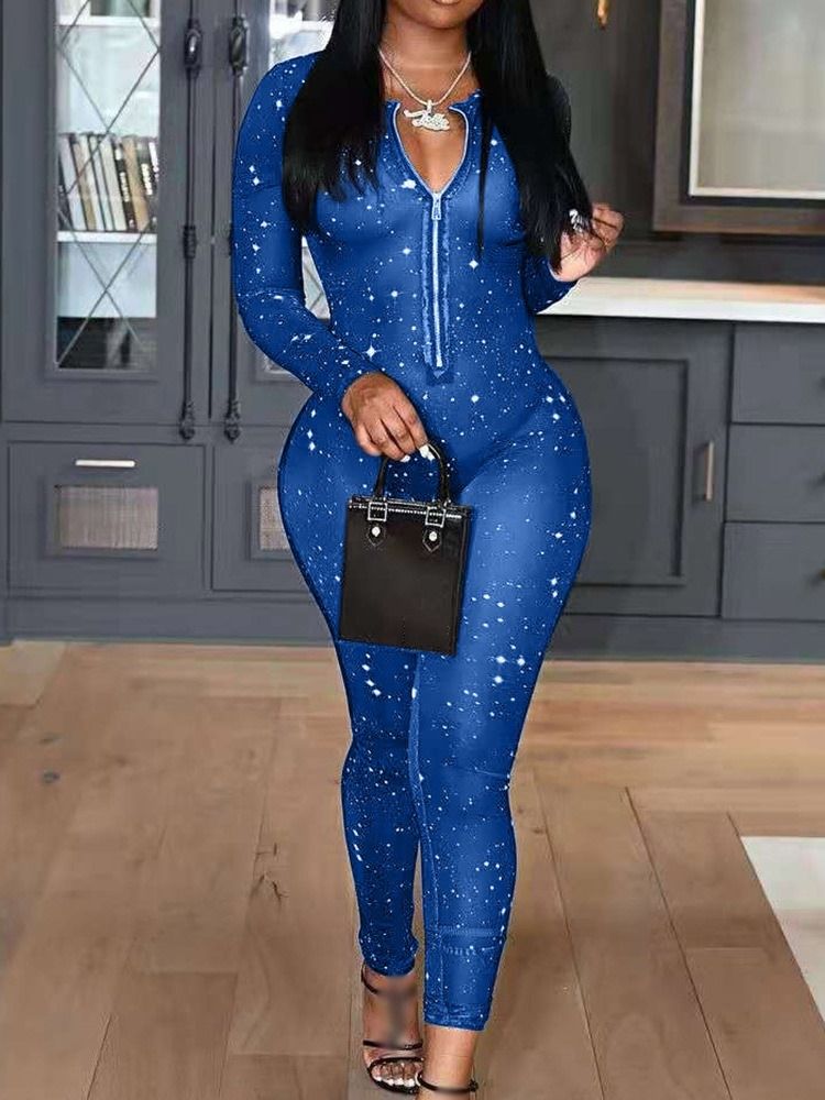 Dragkedja Full Längd Color Block Medel Midja Skinny Jumpsuit