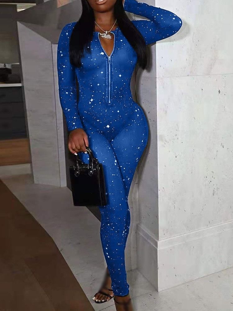 Dragkedja Full Längd Color Block Medel Midja Skinny Jumpsuit