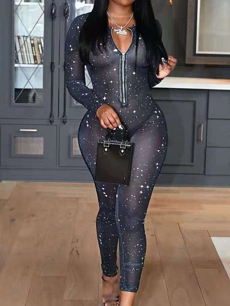 Dragkedja Full Längd Color Block Medel Midja Skinny Jumpsuit