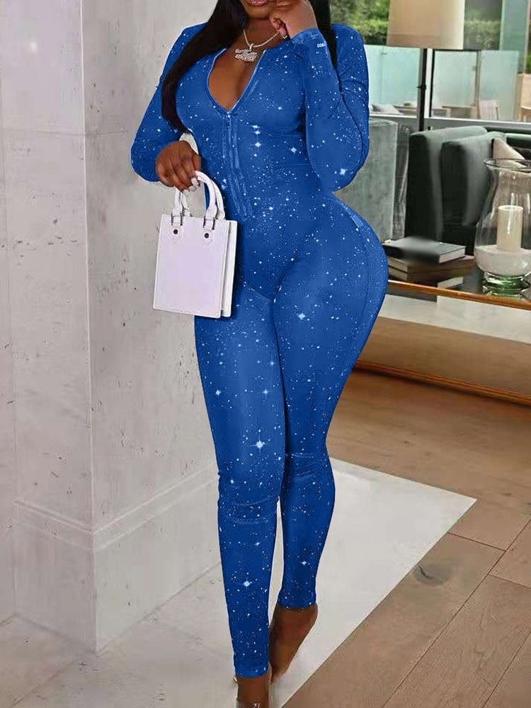 Dragkedja Full Längd Color Block Medel Midja Skinny Jumpsuit