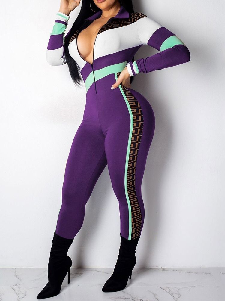 Dragkedja Mode Color Block Skinny Pencil Byxor Jumpsuit