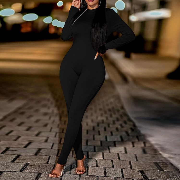 Dragkedja Modern Full Längd Skinny Pencil Byxor Jumpsuit