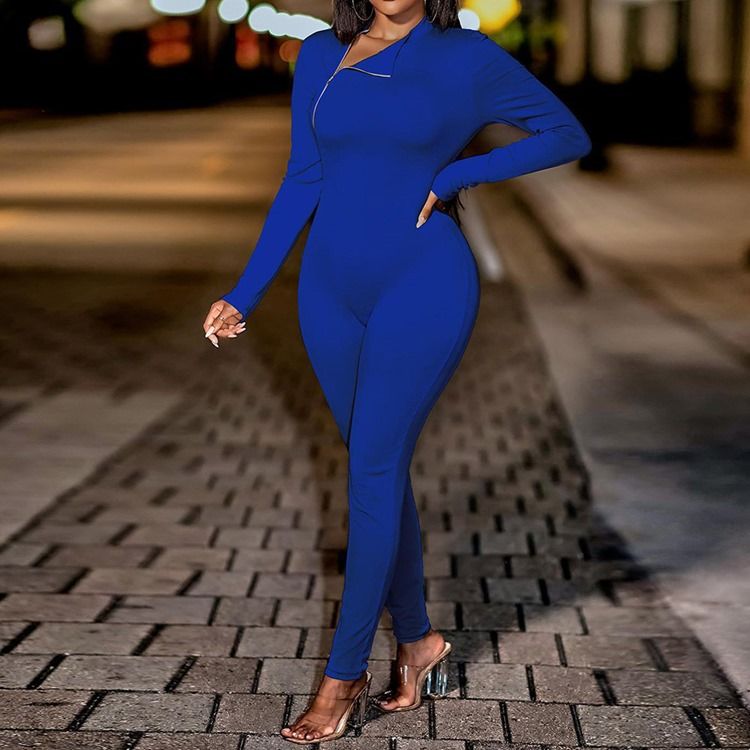 Dragkedja Modern Full Längd Skinny Pencil Byxor Jumpsuit