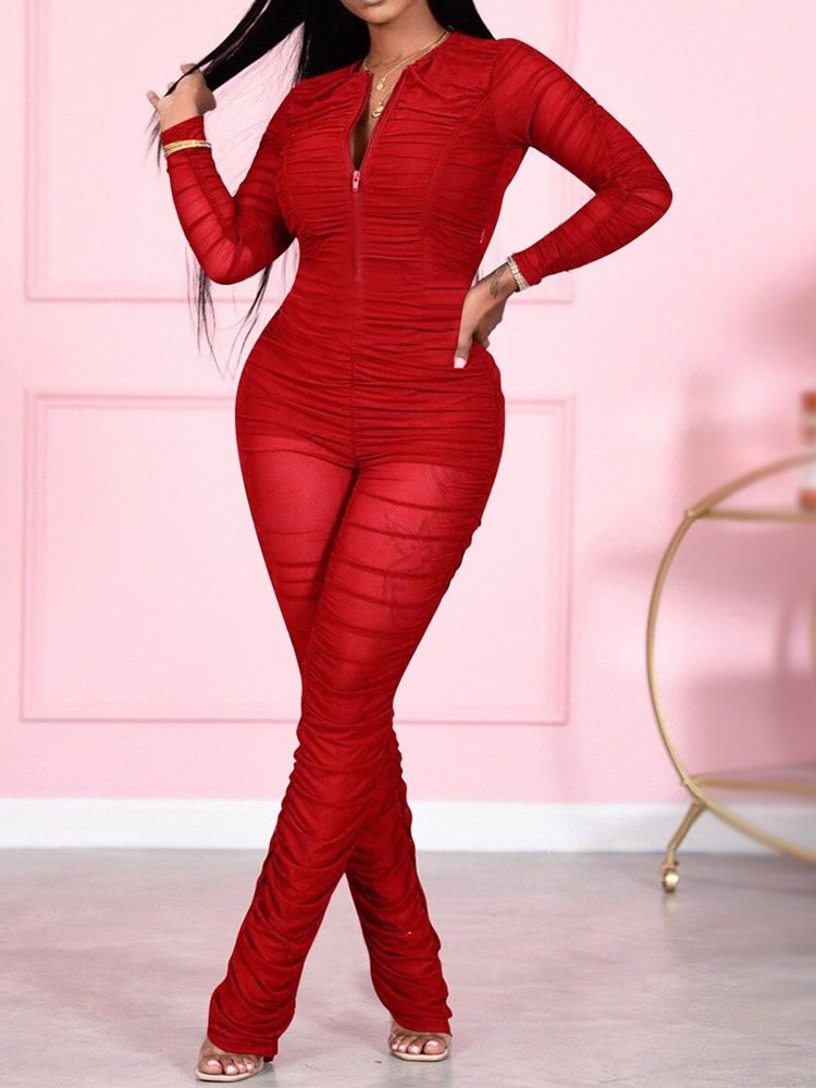 Dragkedja Vanlig Hellängd Skinny Pencil Byxor Jumpsuit
