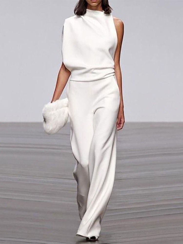 Elegant Enfärgad Rak Jumpsuit För Kvinnor I Full Längd Med Mitten Av Midjan