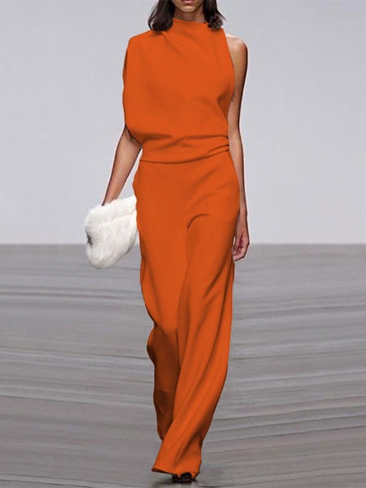 Elegant Enfärgad Rak Jumpsuit För Kvinnor I Full Längd Med Mitten Av Midjan
