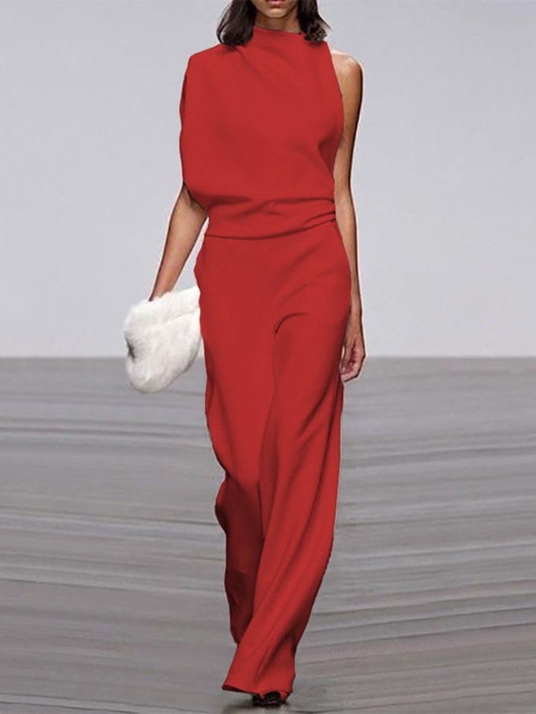 Elegant Enfärgad Rak Jumpsuit För Kvinnor I Full Längd Med Mitten Av Midjan