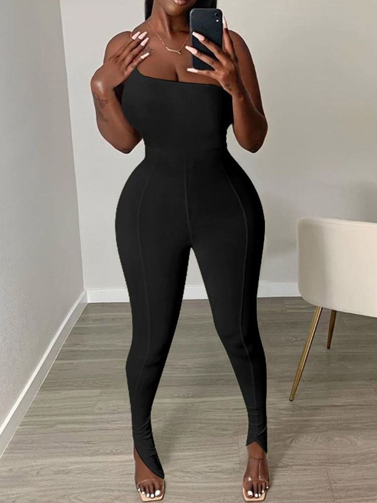 Enkel Full Längd Vanlig Skinny Bellbottoms Jumpsuit