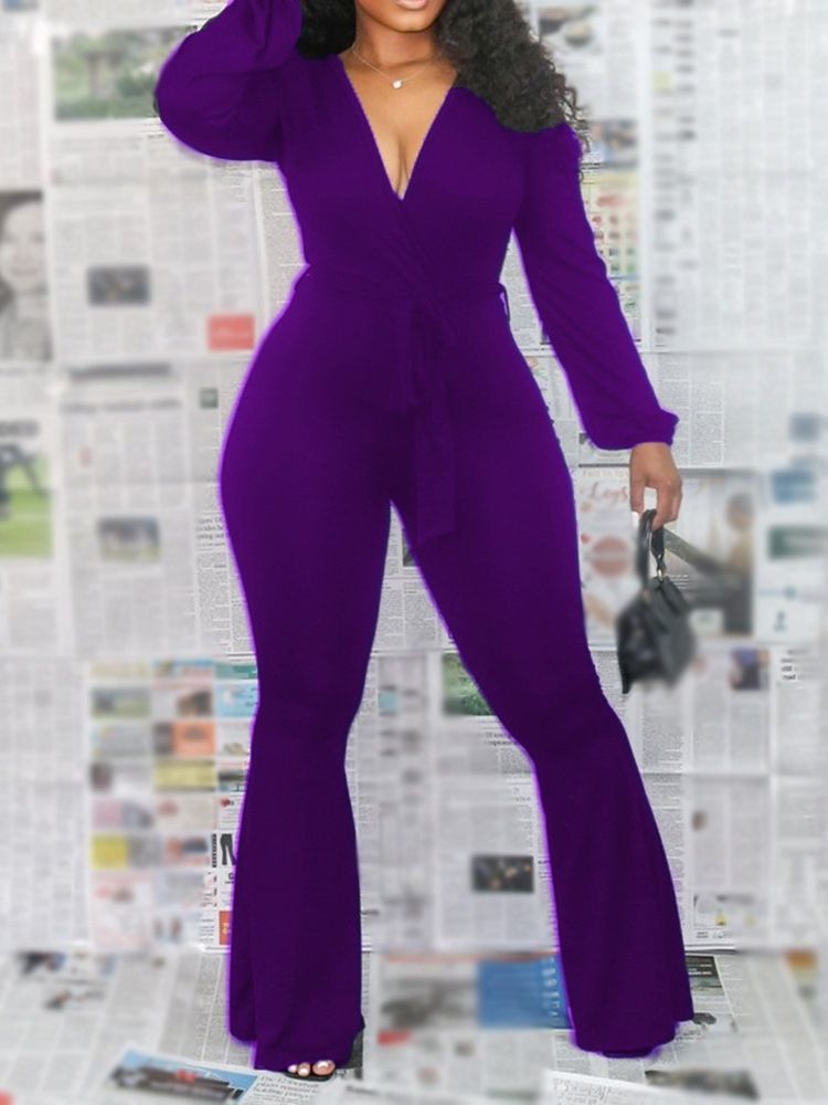 Enkel Mode Snörning Slim Bellbottoms Jumpsuit