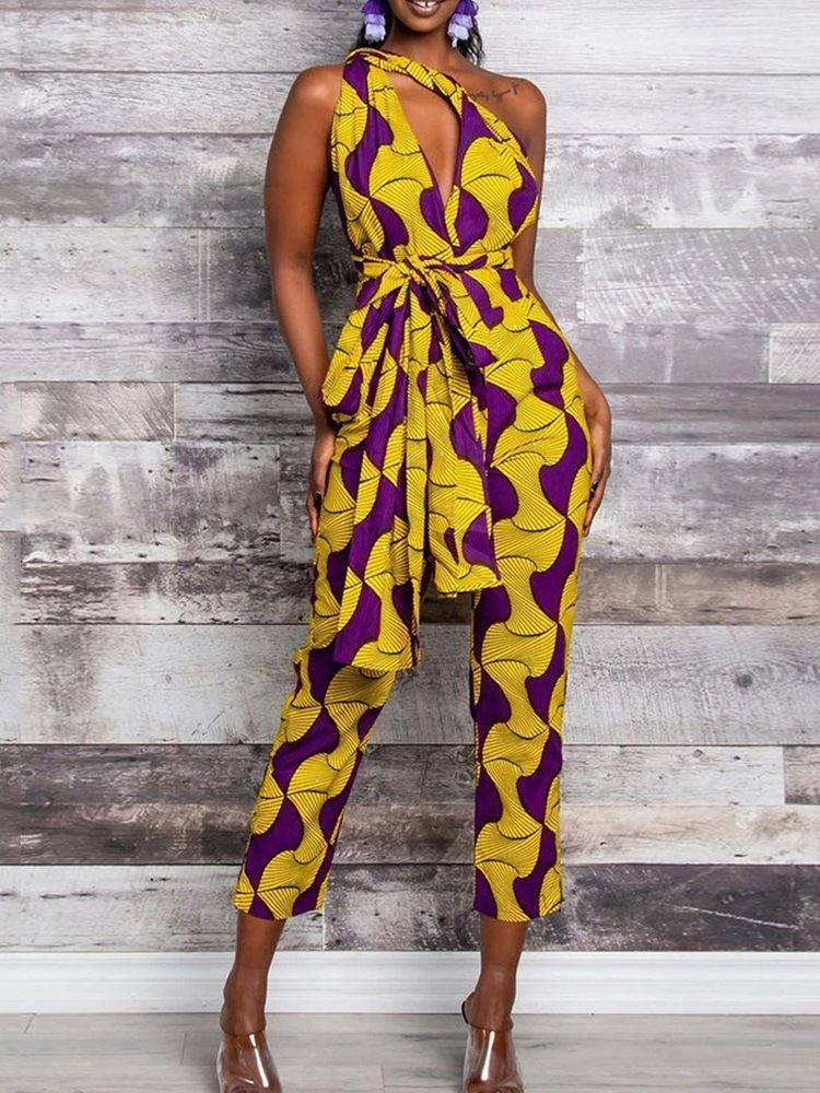 Färgblock Snörning Mode Slim Hög Midja Jumpsuit För Kvinnor