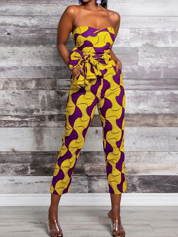 Färgblock Snörning Mode Slim Hög Midja Jumpsuit För Kvinnor
