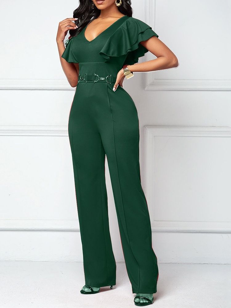 Falbala Plain Full Längd Hög Midja Slim Jumpsuit