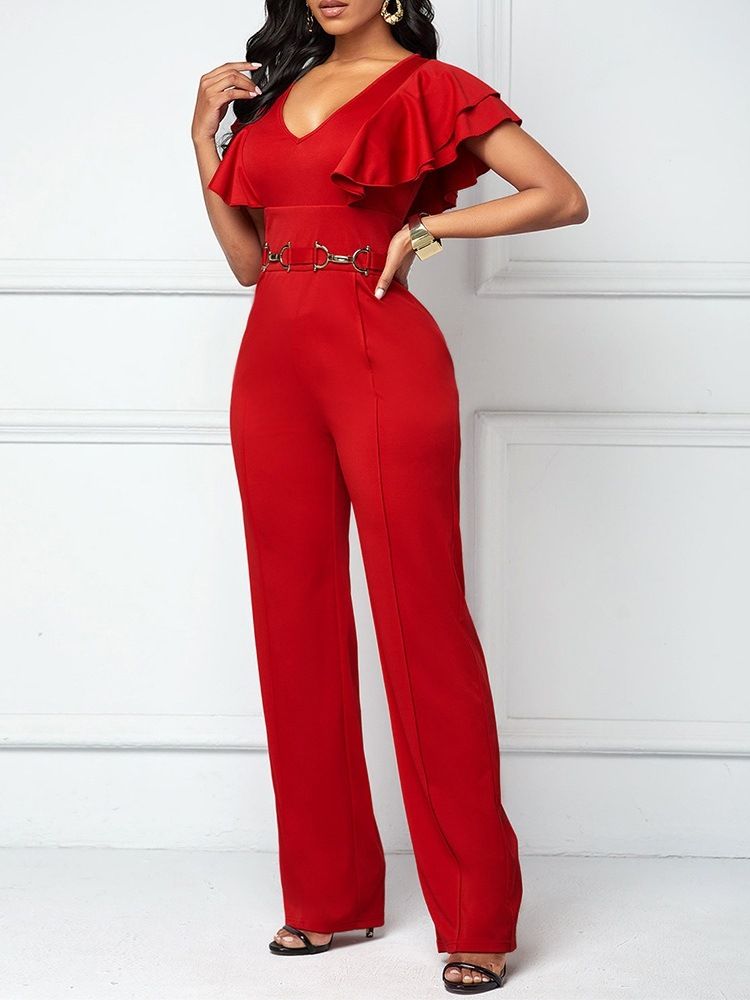 Falbala Plain Full Längd Hög Midja Slim Jumpsuit