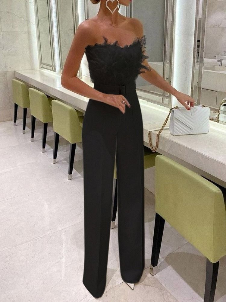 Feather Full Längd Office Lady Slim High Waist Jumpsuit