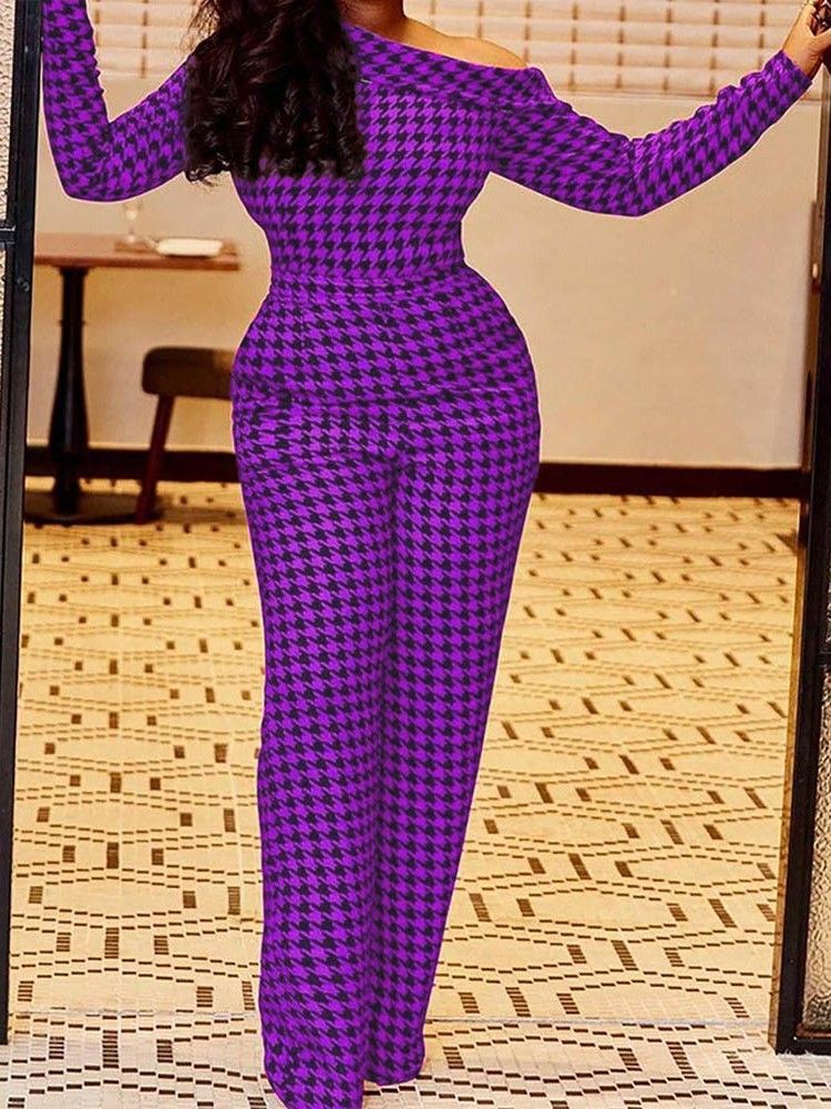 Fest Cocktailtryck Houndstooth Mid Waist Slim Jumpsuit För Kvinnor
