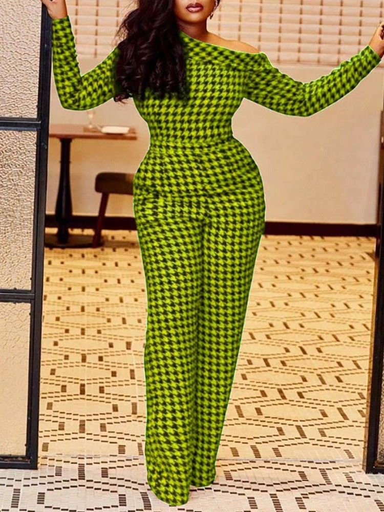 Fest Cocktailtryck Houndstooth Mid Waist Slim Jumpsuit För Kvinnor