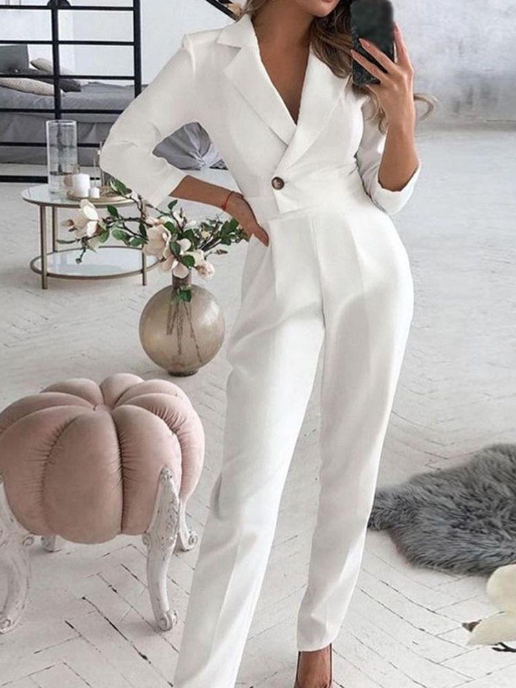 Full Längd Enfärgad Knapp Pencil Byxor Hög Midja Jumpsuit