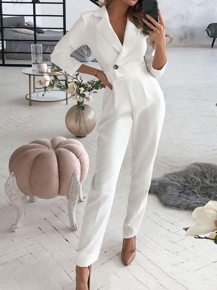 Full Längd Enfärgad Knapp Pencil Byxor Hög Midja Jumpsuit