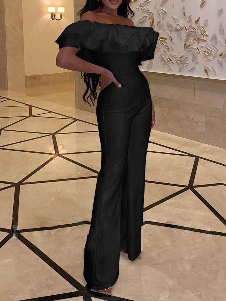 Full Längd Falbala Plain High Waist Slim Jumpsuit