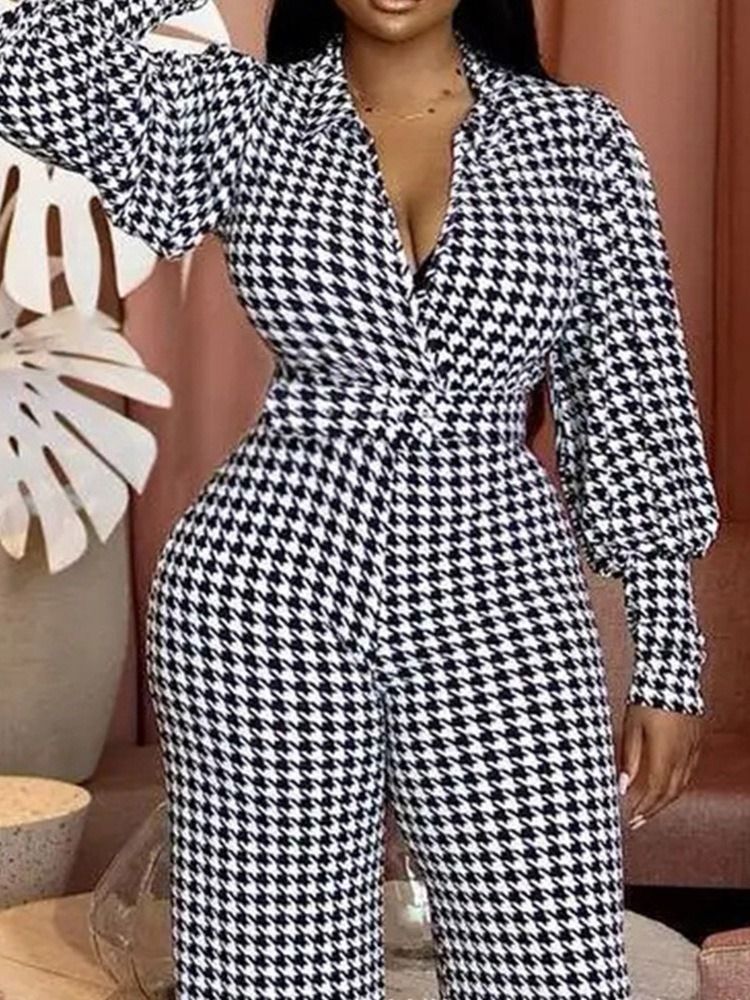 Full Längd Fashion Houndstooth Slim Jumpsuit Med Hög Midja