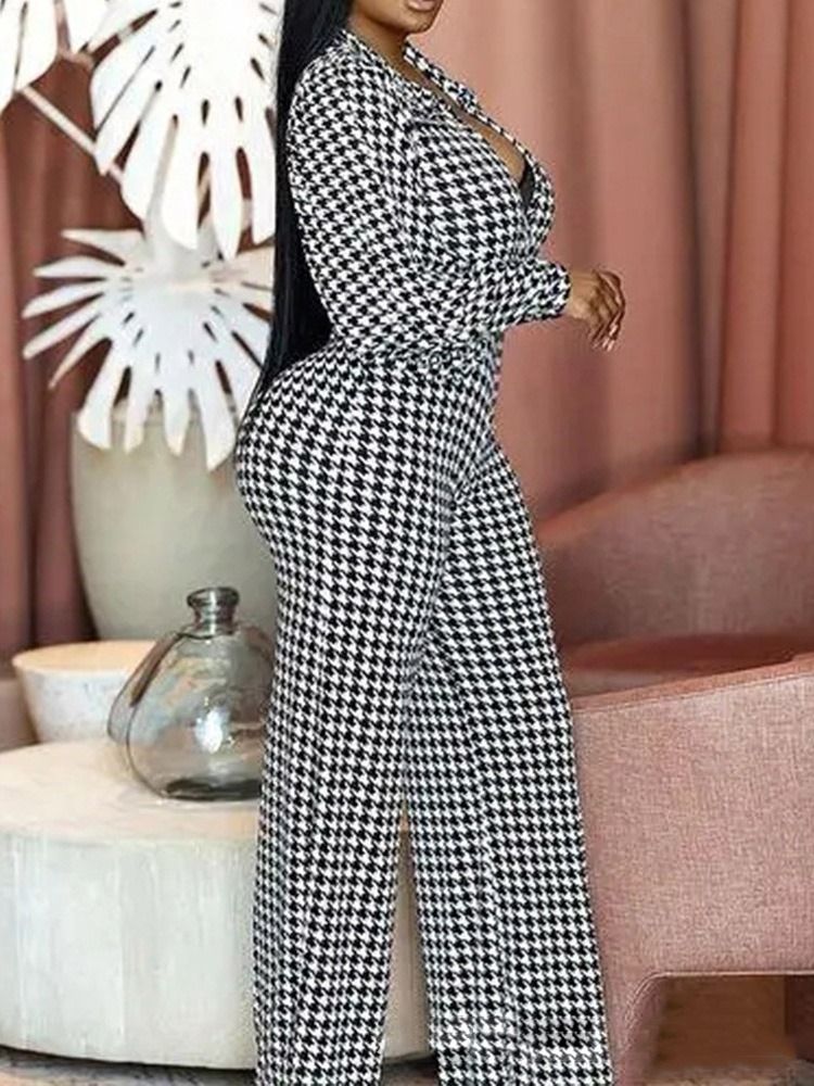 Full Längd Fashion Houndstooth Slim Jumpsuit Med Hög Midja