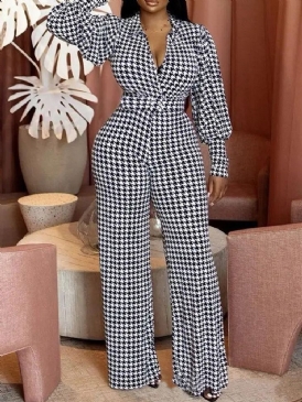 Full Längd Fashion Houndstooth Slim Jumpsuit Med Hög Midja