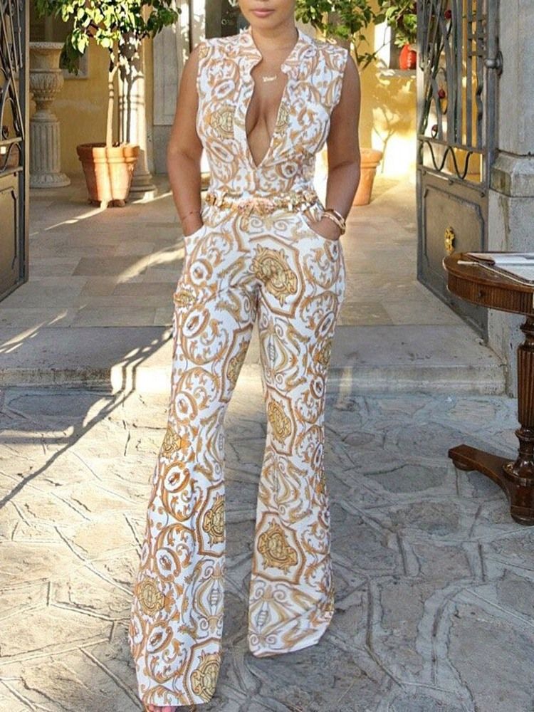 Full Längd Geometric Pocket Damer Skinny Jumpsuit